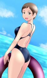 Rule 34 | 1girl, ass, back, back cutout, black one-piece swimsuit, blue sky, brown eyes, brown hair, clothing cutout, cloud, competition swimsuit, cowboy shot, day, from behind, girls und panzer, horizon, innertube, kojima emi, looking at viewer, looking back, ocean, one-piece swimsuit, open mouth, outdoors, short hair, sky, smile, solo, standing, swim ring, swimsuit, tanaka rikimaru, very short hair