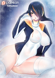 Rule 34 | 10s, 1girl, arm at side, artist name, black gloves, black hair, black jacket, breasts, breath, cameltoe, cleft of venus, covered erect nipples, covered navel, cowboy shot, curvy, drawstring, dress, emperor penguin (kemono friends), gloves, groin, hair over one eye, hand on headphones, hand up, headphones, highleg, highleg leotard, hood, hood down, hoodie, impossible clothes, impossible leotard, jacket, kemono friends, large breasts, leotard, long hair, looking at viewer, multicolored hair, open clothes, open hoodie, open jacket, open mouth, orange hair, patreon logo, patreon username, ribbed dress, ribbed leotard, see-through, shiny clothes, shiny skin, sitting, skin tight, skindentation, solo, spread legs, steam, streaked hair, thighhighs, tofuubear, turtleneck, two-tone hair, white leotard, white thighhighs, wide hips, yellow eyes