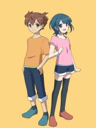 Rule 34 | 1boy, 1girl, black thighhighs, brown hair, casual, full body, green hair, inazuma eleven (series), inazuma eleven go, looking at viewer, matsukaze tenma, open mouth, pants, pants rolled up, shoes, short hair, shorts, simple background, socks, sorano aoi, standing, thighhighs, yellow background, yuma (kuroba tsuto)