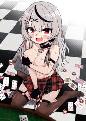 Rule 34 | 1girl, absurdres, armband, black collar, black hair, braid, breasts, card, checkered floor, collar, covering privates, covering breasts, crying, fang, fingerless gloves, fushicho, garter straps, gloves, grey hair, groin, hair ornament, hairclip, highres, hololive, large breasts, multicolored hair, navel, open mouth, plaid, plaid skirt, playing card, poker chip, red eyes, sakamata chloe, side braid, skin fang, skirt, skirt tug, solo, streaked hair, strip game, strip poker, tears, thighhighs, topless, torn clothes, torn thighhighs, two-tone hair, unmoving pattern, virtual youtuber, x hair ornament