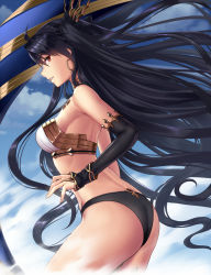 Rule 34 | 1girl, armlet, ass, asymmetrical sleeves, back, bare shoulders, bikini, black bikini, black bow, blue sky, blush, bow, breasts, day, detached collar, earrings, fate/grand order, fate (series), hair bow, heavenly boat maanna, highres, hoop earrings, ishtar (fate), jewelry, long hair, looking at viewer, looking back, medium breasts, mismatched bikini, neck ring, parted bangs, parted lips, red eyes, sky, smile, solo, swimsuit, takanashi-a, thighs, tiara, two side up, uneven sleeves, weapon, white bikini