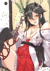 Rule 34 | 1girl, bare shoulders, beans, black hair, blush, boots, brown eyes, club (weapon), collarbone, detached sleeves, hair ornament, hairband, hairclip, haruna (kancolle), holding, holding weapon, horns, indoors, japanese clothes, kanabou, kantai collection, kyougoku touya, long hair, nontraditional miko, oni horns, open clothes, setsubun, sitting, thigh boots, thighhighs, weapon, wide sleeves, yellow eyes