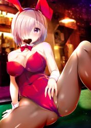 Rule 34 | 1girl, alcohol, alternate costume, animal ears, bow, bowtie, breasts, brown pantyhose, chocolate, commentary request, cup, detached collar, drinking glass, fake animal ears, fate/grand order, fate (series), hair over one eye, heart, izumi akane, large breasts, leotard, mash kyrielight, mouth hold, pantyhose, playboy bunny, purple eyes, purple hair, rabbit ears, red bow, red bowtie, red leotard, short hair, sitting, solo, spread legs, strapless, strapless leotard, table, twitter username, wrist cuffs