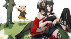 Rule 34 | 1boy, 3girls, absurdres, anya (spy x family), bare shoulders, black dress, black footwear, black hair, black pantyhose, black thighhighs, blood, blood on face, breasts, cleavage, dagger, dress, dual persona, green eyes, grey jacket, grey pants, hairband, hairpods, highres, holding, holding dagger, holding hands, holding knife, holding weapon, jacket, knee up, knife, large breasts, long sleeves, looking at viewer, lower body, multiple girls, no shoes, off-shoulder sweater, off shoulder, pants, pantyhose, parted lips, pink hair, red eyes, red sweater, shenqi de (9), shoes, short hair with long locks, simple background, sitting, spy x family, stiletto (weapon), sweater, thighhighs, twilight (spy x family), weapon, white background, white legwear, wide sleeves, yor briar
