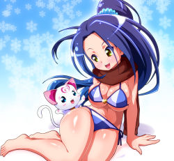 Rule 34 | 10s, 1girl, :d, barefoot, bikini, blue background, breasts, brown eyes, brown scarf, cat, cleavage, full body, half updo, highres, hummy (suite precure), kurokawa eren, long hair, looking at another, open mouth, ponytail, precure, purple hair, ryuuta (cure ryuuta), scarf, seiren (suite precure), shiny skin, skindentation, smile, suite precure, swimsuit