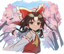Rule 34 | 1girl, :/, ahoge, bare shoulders, blush, bow, brown eyes, brown hair, cherry blossoms, day, detached sleeves, expressionless, flat chest, frilled shirt collar, frills, from below, hair bow, hair tubes, hakurei reimu, highres, jill 07km, long hair, long sleeves, looking at viewer, nose blush, outdoors, parted bangs, red vest, sky, solo, touhou, upper body, vest