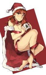 Rule 34 | 1girl, ass, bad id, bad twitter id, bare arms, bare legs, bare shoulders, barefoot, breasts, brown eyes, brown hair, brozoco, celica (fire emblem), christmas, cleavage, convenient censoring, feet, fire emblem, fire emblem echoes: mou hitori no eiyuuou, fire emblem echoes: shadows of valentia, fire emblem gaiden, freckles, hat, highres, looking at viewer, lying, medium breasts, nintendo, nude, on side, gift, red background, ribbon, ribbon, santa hat, simple background, smile, solo, white background, wrapped
