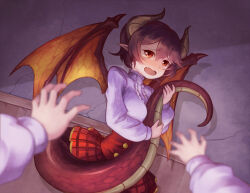 Rule 34 | 1girl, blush, bolt0002, brown hair, dragon girl, dragon horns, dragon tail, dragon wings, fang, granblue fantasy, grea (shingeki no bahamut), horns, hugging own tail, hugging tail, long sleeves, outstretched arms, plaid, plaid skirt, pointy ears, princess connect!, red eyes, red skirt, short hair, skirt, standing, tail, tears, wings