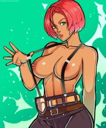 Rule 34 | 1girl, arm behind back, belt, black pants, blue eyes, breasts, collarbone, commentary, dark-skinned female, dark skin, english commentary, erodrunky, forehead, giovanna (guilty gear), green background, guilty gear, guilty gear strive, highres, large breasts, lips, looking at viewer, multiple belts, nipple slip, nipples, nose, one breast out, pants, parted bangs, police badge, pulled by self, red hair, short hair, solo, standing, suspenders, suspenders pull, teeth, topless, topless male, upper body, upper teeth only