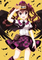 Rule 34 | 1girl, :d, arm up, black necktie, black skirt, black socks, black wings, blush, bow, breasts, brown eyes, brown hair, cellphone, checkered clothes, checkered skirt, commentary request, feathered wings, feathers, feet out of frame, frilled shirt collar, frills, hair bow, hat, highres, himekaidou hatate, holding, holding phone, kneehighs, leg ribbon, long hair, looking at viewer, medium breasts, miniskirt, necktie, open mouth, phone, pouch, puffy short sleeves, puffy sleeves, purple bow, purple ribbon, purple skirt, ribbon, ruu (tksymkw), shirt, short sleeves, sidelocks, simple background, skirt, smile, socks, solo, thighs, tokin hat, touhou, twintails, white shirt, wings, yellow background