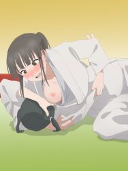 Rule 34 | 2girls, accidental exposure, black hair, blush, breast slip, breasts, brown eyes, embarrassed, highres, hiura towa, indoors, judo, long hair, lying, medium breasts, mou ippon!, multiple girls, nipples, no bra, on back, on floor, one breast out, open mouth, ponytail, sarura, shadow, short hair, sweat, textless version, twintails, wardrobe malfunction
