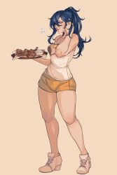 Rule 34 | 1girl, absurdres, alternate costume, alternate hairstyle, blue hair, chicken (food), clothes lift, fire emblem, fire emblem awakening, food, hair between eyes, highres, holding, holding tray, hooters, iaurencin, long hair, lucina (fire emblem), nintendo, orange shorts, ponytail, shirt lift, shoes, short shorts, shorts, smile, sneakers, solo, tray