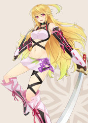 Rule 34 | 1girl, ahoge, blonde hair, boots, choker, gloves, gradient hair, green hair, long hair, midriff, milla maxwell, miniskirt, multicolored hair, prime, red eyes, skirt, solo, strapless, sword, tales of (series), tales of xillia, tube top, weapon