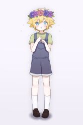Rule 34 | 1boy, basil (faraway) (omori), basil (omori), blonde hair, blue eyes, blue overalls, blush, brown footwear, flower, flying sweatdrops, full body, green shirt, grey background, hatoba (hatoba yado), head wreath, highres, loafers, looking at viewer, omori, open mouth, overall shorts, overalls, shirt, shoes, short hair, short sleeves, simple background, socks, solo, white socks