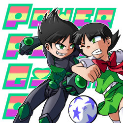 Rule 34 | 1boy, 1girl, armor, text background, ball, black hair, butch (ppg), buttercup (ppg), clenched teeth, dress, green dress, green eyes, grin, playing sports, powerpuff girls, school uniform, short sleeves, skirt, smile, soccer ball, standing, teeth, white background