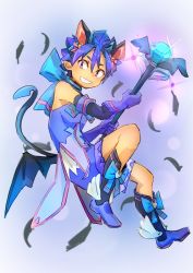 Rule 34 | 1boy, animal ears, blue hair, blush, boots, bow, cat boy, cat ears, demon boy, demon tail, demon wings, elbow gloves, full body, geetgeet, gloves, grin, horns, magical boy, magical girl, male focus, mini wings, open mouth, pointy ears, pop-up story, purple eyes, short hair, smile, solo, tail, wand, wings, ziz glover