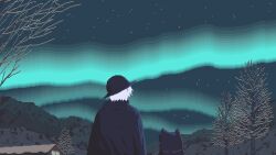 Rule 34 | 1other, ambiguous gender, animated, animated gif, aurora, from behind, house, mae 1031, night, night sky, original, outdoors, pixel art, scenery, short hair, sky, snow, star (sky), starry sky, tree, white hair, winter
