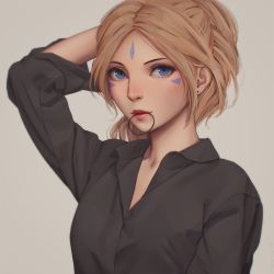 Rule 34 | 1girl, aa megami-sama, arm up, bad id, bad pixiv id, belldandy, black shirt, blonde hair, brown background, closed mouth, collared shirt, earrings, facial mark, forehead mark, hair tie, highres, jewelry, lips, long sleeves, looking at viewer, miura-n315, mouth hold, parted bangs, shirt, short hair, simple background, sleeves pushed up, smile, solo, stud earrings, upper body, whisker markings, wing collar