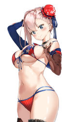 Rule 34 | &gt;:), 1girl, american flag bikini, american flag print, arm up, asymmetrical gloves, bikini, black choker, blue eyes, blue ribbon, blush, breasts, brown gloves, bun cover, choker, closed mouth, commentary request, covered erect nipples, cowboy shot, elbow gloves, fate/grand order, fate (series), fingerless gloves, flag print, front-tie bikini top, front-tie top, gloves, highres, large breasts, long hair, looking at viewer, miyamoto musashi (fate), miyamoto musashi (fate/grand order), miyamoto musashi (swimsuit berserker) (fate), miyamoto musashi (swimsuit berserker) (second ascension) (fate), navel, pink hair, pixel (yuxian), print bikini, pulling own clothes, ribbon, simple background, smile, solo, star (symbol), star print, stomach, strap pull, striped, swimsuit, thighs, underboob, uneven gloves, v-shaped eyebrows, vertical stripes, white background