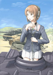 Rule 34 | 10s, 1girl, blue jacket, cloud, cloudy sky, commentary, day, driving, dust cloud, girls und panzer, green shirt, headphones, jacket, jagdpanzer 38(t), long sleeves, looking to the side, military, military uniform, military vehicle, miniskirt, motor vehicle, nishizumi miho, panzer iv, panzer iv, parted lips, pleated skirt, shirt, short hair, skirt, sky, solo, standing, sturmgeschutz iii, tank, throat microphone, type 89 i-gou, uniform, vent arbre, white skirt