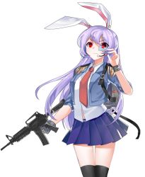 Rule 34 | 1girl, adjusting eyewear, animal ears, backpack, bag, black thighhighs, blue-tinted eyewear, blue jacket, blue skirt, breasts, chinese commentary, commentary request, cowboy shot, epaulettes, fengji ya yinjun, gloves, grey gloves, gun, hair between eyes, hand up, holding, holding gun, holding weapon, jacket, long hair, looking at viewer, medium breasts, miniskirt, necktie, open clothes, open jacket, pleated skirt, purple hair, rabbit ears, red eyes, red necktie, reisen udongein inaba, rifle, scouter, shirt, short sleeves, single glove, skirt, solo, standing, thighhighs, thighs, tinted eyewear, touhou, transparent background, v-shaped eyebrows, very long hair, weapon, white shirt, wristband, zettai ryouiki