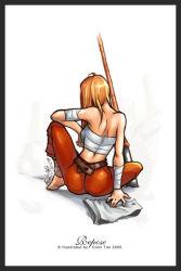 Rule 34 | 00s, 1girl, 2005, akemi hotaru, ass, back, bad deviantart id, bad id, bandages, bare shoulders, barefoot, brown hair, colin tan, from behind, full body, glaive (polearm), long hair, original, pants, planted, polearm, sarashi, sitting, solo, weapon, white background