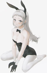 Rule 34 | 1girl, absurdres, aiv, animal ears, arknights, bare shoulders, black bow, black bowtie, black gloves, black hairband, black leotard, blunt bangs, blush, bow, bowtie, breasts, cleavage, earrings, embarrassed, fake animal ears, full body, gloves, grey eyes, grey hair, hairband, head wings, highres, irene (arknights), jewelry, legs, leotard, long hair, looking at viewer, medium breasts, nervous smile, no shoes, pantyhose, playboy bunny, rabbit ears, sitting, smile, solo, strapless, strapless leotard, toes, wariza, white pantyhose, wings