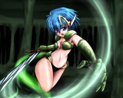 Rule 34 | 1girl, armor, bikini armor, blue eyes, blue hair, breasts, chaos angels, circlet, dragon tail, elbow gloves, fangs, female focus, gloves, reptile girl, matching hair/eyes, monster girl, navel, open mouth, ouhaku, pauldrons, personification, reaching, shoulder armor, solo, sword, tail, weapon