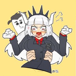 Rule 34 | 1boy, 1girl, :t, anger vein, angry, arms around waist, black hair, black suit, demon girl, demon horns, embarrassed, fang, formal, gloves, hands up, heart, heart in mouth, helltaker, helltaker (character), horns, hug, hug from behind, lucifer (helltaker), malmijal hyang, mole, mole under eye, open mouth, outline, red eyes, red shirt, shirt, short hair, signature, simple background, skin fang, steam, suit, sunglasses, white gloves, white hair, white horns, white outline, yellow background
