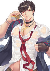 Rule 34 | 1boy, absurdres, bara, belial (granblue fantasy), black choker, black gloves, black hair, black jacket, box, bracelet, choker, covered erect nipples, fingerless gloves, gloves, granblue fantasy, hair ornament, hairclip, highres, holding, holding box, jacket, jewelry, juice box, large pectorals, male focus, muscular, muscular male, necktie, open clothes, open jacket, p3ta (yio), pectorals, red eyes, see-through, shirt, short hair, simple background, single glove, solo, tongue, tongue out, undone necktie, upper body, wet, wet clothes, white background, white shirt