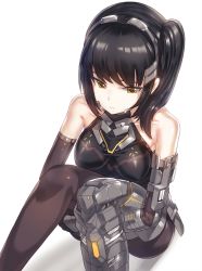 Rule 34 | 1girl, amputee, bare shoulders, black hair, black pantyhose, breasts, cyborg, headgear, kfr, long hair, original, pantyhose, science fiction, side ponytail, simple background, small breasts, solo, yellow eyes