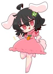 Rule 34 | 1girl, :3, :d, ahoge, animal ears, black hair, carrot necklace, clover, commentary, floppy ears, four-leaf clover, full body, hair between eyes, hand on own hip, highres, inaba tewi, jewelry, looking at viewer, necklace, op na yarou, open mouth, pink eyes, rabbit ears, rabbit tail, short hair, short sleeves, simple background, smile, solo, standing, standing on one leg, symbol-only commentary, tail, touhou, v-shaped eyebrows, white background