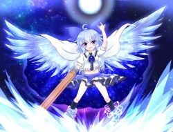 Rule 34 | 1girl, :d, adapted costume, arm cannon, asymmetrical footwear, blue eyes, blue hair, bow, cape, cirno, cosplay, fang, hair bow, highres, ice, ice wings, m/, mismatched footwear, mofu mofu, open mouth, parody, reiuji utsuho, reiuji utsuho (cosplay), short hair, skirt, smile, third eye, touhou, weapon, wings