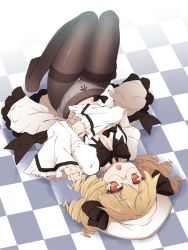 Rule 34 | 1girl, bespectacled, blonde hair, blush, brown pantyhose, checkered floor, chestnut mouth, chima q, crotch seam, dress, drill hair, dutch angle, full body, glasses, hat, highres, long sleeves, luna child, lying, navel, on back, on floor, open clothes, open dress, open mouth, panties, panties under pantyhose, pantyhose, puffy sleeves, red eyes, ribbon, solo, thighband pantyhose, touhou, unbuttoned, underwear, upside-down, white dress, white panties, wide sleeves