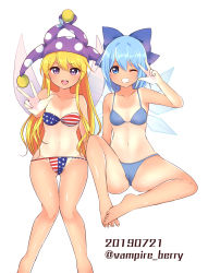 Rule 34 | 2girls, american flag bikini, arm up, artist name, ass, bandeau, bare arms, bare legs, bare shoulders, barefoot, bikini, blonde hair, blue bikini, blue bow, blue eyes, blue hair, bow, breasts, cameltoe, cirno, clownpiece, commentary request, fairy wings, feet out of frame, flag print, grin, groin, hair between eyes, hair bow, hat, highres, ice, ice wings, jester cap, knee up, long hair, looking at viewer, multiple girls, navel, one eye closed, open mouth, ougi hina, polka dot, polka dot headwear, purple eyes, purple headwear, red bikini, short hair, sidelocks, sitting, small breasts, smile, standing, star (symbol), star print, stomach, strapless, strapless bikini, striped bikini, striped clothes, swimsuit, tan, tanline, thighs, touhou, twitter username, very long hair, w, white bikini, wings