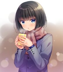 Rule 34 | 1boy, androgynous, bishounen, black hair, blue coat, blue eyes, blush, coat, food, food request, highres, holding, holding food, idolmaster, idolmaster side-m, kagura rei, long sleeves, looking at viewer, male focus, open mouth, rayuse, scarf, short hair, solo