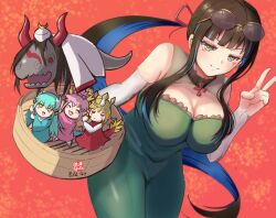 Rule 34 | 5girls, absurdres, bare shoulders, black hair, blue hair, breasts, chibi, cleavage, cleavage cutout, clothing cutout, colored inner hair, detached sleeves, dinosaur, dress, elizabeth bathory (fate), eyeliner, eyewear on head, fate/grand order, fate (series), green dress, grey eyes, grin, highres, iron samurai, kijo kouyou (fate), kijo kouyou (first ascension) (fate), kiyohime (fate), kumonryuu eliza (fate), large breasts, long hair, looking at viewer, makeup, multicolored hair, multiple girls, nero claudius (fate), nero claudius (fate) (all), ponytail, queen draco (fate), queen draco (first ascension) (fate), round eyewear, sidelocks, smile, sunglasses, tenochtitlan (fate), v