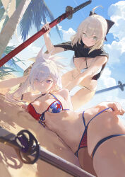 Rule 34 | 2girls, absurdres, bare shoulders, beach, bikini, blonde hair, blue eyes, blue sky, breasts, cleavage, collarbone, fate/grand order, fate (series), green eyes, highres, large breasts, long hair, looking at viewer, miyamoto musashi (fate), miyamoto musashi (fate/grand order), miyamoto musashi (swimsuit berserker) (fate), miyamoto musashi (swimsuit berserker) (second ascension) (fate), modare, multiple girls, navel, okita j. souji (fate), okita j. souji (first ascension) (fate), okita souji (fate), pink hair, short hair, sky, smile, swimsuit, thighs
