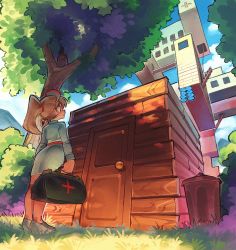 Rule 34 | 1girl, architecture, banner, blonde hair, day, door, dress, engineering nonsense, first aid kit, from below, full body, grass, hat, highres, house, long hair, looking up, nurse, nurse (terraria), nurse cap, outdoors, ponytail, saruwash, short dress, solo, standing, terraria, trash can, tree, white dress