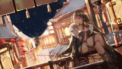 Rule 34 | 1girl, architecture, black choker, black dress, black hair, chinese commentary, choker, commentary request, crossed legs, dress, east asian architecture, evening, fate/grand order, fate (series), lantern, long hair, looking to the side, night, night sky, paper lantern, qie, railing, red eyes, sidelocks, sitting, sky, snowing, solo, yu mei-ren (fate)