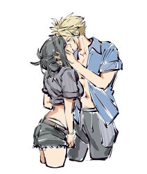 1boy 1girl belt bikini bikini_under_clothes black_hair black_shorts blonde_hair blue_shirt blush breasts closed_eyes cloud_strife cloud_strife_(ocean_chocobo) collarbone collared_shirt commentary couple cowboy_shot cropped_legs denim denim_shorts english_commentary facing_another final_fantasy final_fantasy_vii final_fantasy_vii_remake from_side hand_on_another&#039;s_cheek hand_on_another&#039;s_face hand_on_another&#039;s_head height_difference highleg highleg_bikini highleg_panties highres kiss large_breasts long_hair male_swimwear midriff morgengischt official_alternate_costume official_alternate_hairstyle open_clothes open_shirt panties profile shirt short_hair short_sleeves shorts sidelocks spiked_hair swim_trunks swimsuit tied_shirt tifa_lockhart tifa_lockhart_(majestic_glamour) underwear white_background