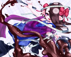 Rule 34 | 1girl, apron, blue apron, brown hair, bucket, cacao fruit, chocolate, commentary request, earrings, eyelashes, fang, food-themed earrings, full body, hair over one eye, highres, holding, holding bucket, holding whisk, jewelry, kiss my eyelidz, long hair, looking at viewer, nintendo, octoling, okobo, open mouth, plaid, plaid background, pointy ears, purple background, purple nails, purple shawl, red eyes, sandals, shawl, shiver (splatoon), skin fang, smile, solo, splatoon (series), splatoon 3, tentacle hair, thick eyebrows, two-tone background, whisk, white background