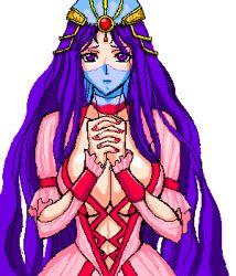 Rule 34 | 1girl, bandana, breasts, cleavage, dress, final fantasy, hands up, large breasts, long hair, looking at viewer, lowres, mask, nail polish, non-web source, oekaki, pink dress, purple eyes, purple hair, short sleeves, simple background, solo, upper body, veil, very long hair, white background