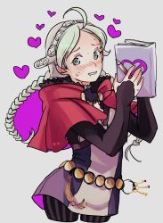 Rule 34 | 1girl, ahoge, belt, blush, book, braid, breasts, bridal gauntlets, choker, fire emblem, fire emblem fates, grey background, hairband, heart, heart-shaped pupils, highres, holding, holding book, hood, key, misokatsuhaumai, nina (fire emblem), nintendo, pantyhose, pen, saliva, sweat, symbol-shaped pupils, twin braids, upper body, white hair