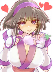 1girl ainu_clothes blush breasts brown_eyes brown_hair cleavage eggplant fingerless_gloves gloves hair_ribbon half-closed_eyes heart highres in_heat large_breasts looking_at_viewer murasaki_nakoruru naughty_face ribbon samurai_spirits seductive_gaze sexually_suggestive short_hair smile snk solo tongue tongue_out