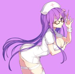 Rule 34 | 10s, 1girl, ass, bb (bb shot!) (fate), bb (fate), bb (fate/extra), blush, breast hold, breasts, cleavage, collarbone, dress, fate/extra, fate/extra ccc, fate (series), garter straps, glasses, hair between eyes, hair ribbon, hat, hip focus, large breasts, leaning forward, long hair, looking at viewer, nurse, nurse cap, one eye closed, open mouth, pink ribbon, purple background, purple eyes, purple hair, ribbon, short dress, simple background, solo, syringe, thighhighs, thighs, vivi (eve no hakoniwa), white dress, white thighhighs, wrist cuffs