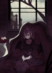 Rule 34 | 1girl, absurdres, castle, chair, commission, demon girl, demon tail, dress, feet out of frame, female focus, flower, goth fashion, gothic lolita, highres, lolita fashion, looking at viewer, naufaldreamer, original, portrait, purple hair, red eyes, rika roseingrave, rose, smile, solo, tail, tree, vampire, vase, window, wings