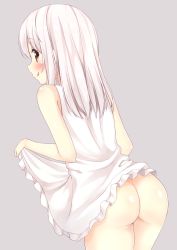 Rule 34 | 1girl, :q, ass, blush, clothes lift, dress, eyebrows, from behind, highres, karutamo, lifted by self, long hair, looking back, no panties, original, profile, red eyes, silver hair, skirt, skirt lift, solo, tisshu (karutamo), tongue, tongue out, white dress