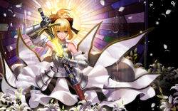 Rule 34 | 1girl, ahoge, armor, armored dress, artoria pendragon (all), artoria pendragon (fate), bare shoulders, blonde hair, bow, caliburn (fate), detached sleeves, dress, fate/stay night, fate/unlimited codes, fate (series), flower, gauntlets, glowing, glowing sword, glowing weapon, green eyes, hair bow, hair ribbon, highres, holding, holding sword, holding weapon, liang xing, lily (flower), long hair, looking at viewer, motion blur, petals, ponytail, ribbon, saber (fate), saber lily, sheath, solo, sword, unsheathing, weapon, white flower, wind