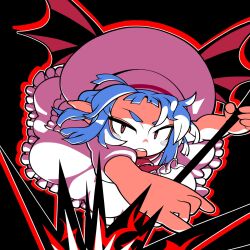 Rule 34 | 1girl, ascot, attack, bat wings, black background, blue hair, blunt bangs, blunt ends, commentary request, dress, floating hair, frilled dress, frills, hat, highres, holding, holding polearm, holding weapon, nose, open mouth, outline, pink dress, pink hat, pointy ears, polearm, red ascot, red eyes, red outline, remilia scarlet, short hair, solo, spear, teeth, thick eyebrows, tonchamon san, touhou, upper teeth only, weapon, wings